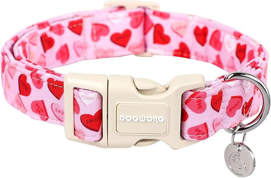 DOGWONG Valentine's Dog Collar - Pink Heart Adjustable Cotton Heart Dog Collar - Perfect for Large Dogs