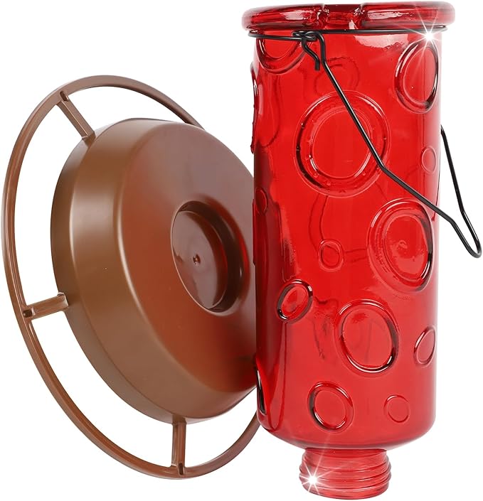Juegoal Glass Wild Bird Waterer, 28 oz Wild Bird Feeder for Outdoors, Water Cooler with Metal Handle Hanging for Garden Tree Yard Outside Decoration, Red