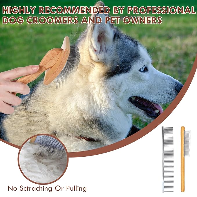 Large Dog Brush for Medium or Long Haired Dogs, Long Pin Slicker Brush for Removes Loose Hair, Tangles and Knots, Best Grooming Brush for Small Animals, Free Pet Comb, Wood