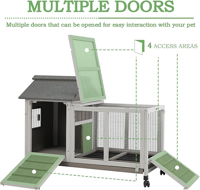 38.19"L Rabbit Hutch Indoor and Outdoor with 4 Wheels,Wooden Rabbit Cage with Pull Out Leak-Proof Tray for 1-2 Rabbits,Bunny Hutch with Asphalt Roof Suitable for Garden,Park,Living Room,Grey