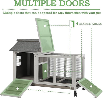 38.19"L Rabbit Hutch Indoor and Outdoor with 4 Wheels,Wooden Rabbit Cage with Pull Out Leak-Proof Tray for 1-2 Rabbits,Bunny Hutch with Asphalt Roof Suitable for Garden,Park,Living Room,Grey