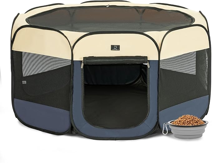A4Pet Dog Playpen, Portable Pet Playpen, Pop Up Dog Playpen Indoor/Outdoor - Ideal for Small Medium Dogs - Removable Zipper & Collapsible Travel Bowl