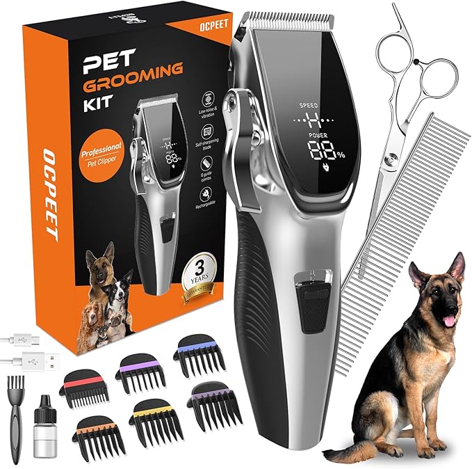 Dog Grooming Kit Low Noise Dog Clippers for Grooming Rechargeable Cordless Dog Grooming Clippers 2 Speed 6 Guards for Thick Knot Coats Pet Grooming Kit for Small Medium Large Dogs Cats (Sliver)