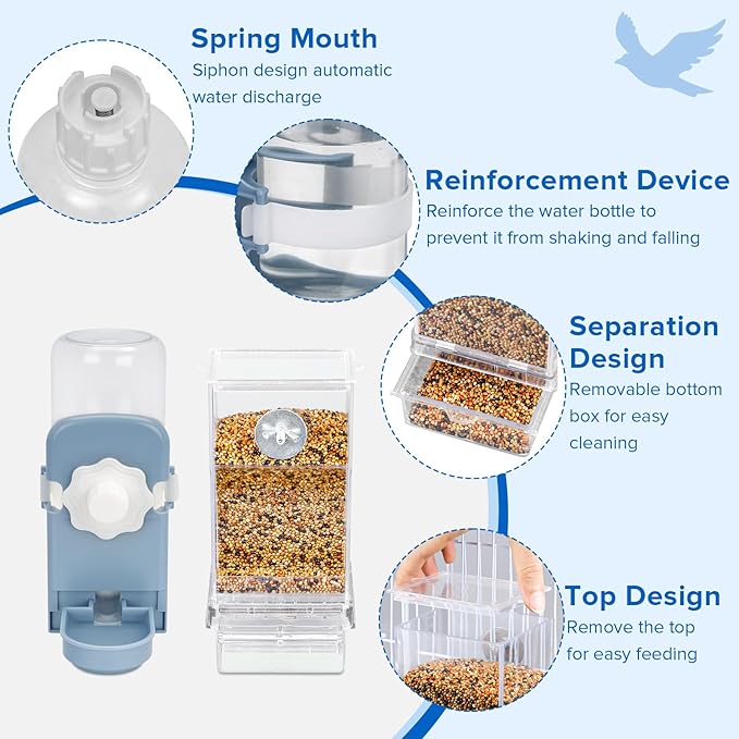 No Mess Bird Feeder Water Dispenser Set, Parakeet Cage Accessories, Bird Feeder and Waterers in Cage for Cockatiels, Finches, Lovebirds, Budgies, Canaries