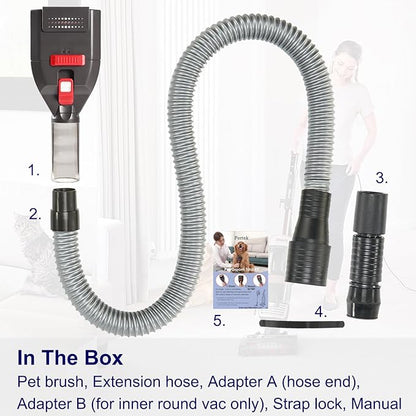 Dog Hair Vacuum Attachment for Most Vacuums, Pet Shedding Grooming Brush Tool with Long Extension Hose and Universal Vac Hose Adapters (Universal)