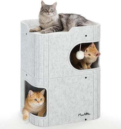 Made4Pets Cat House for Indoor Use, 2-Storey Cube Bed Cave, Covered Hideaway Condo with Scratch-Resistant Felt, Foldable Easy-to-Clean Design for Multi-Cat Homes, Marble White