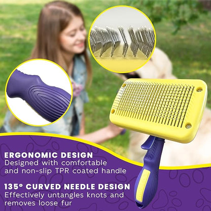 Dog & Cat Brush for Shedding with Self-cleaning, Deshedding Dog Brush for Long Short Haired Dogs and Indoor Cats, Slicker Brush for Dogs Removes Loose Fur, Dog Hair Brush for Massaging Grooming Purple