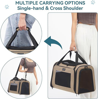 PETSFIT Dog Carrier Cat Carriers for Puppies, Medium Cats up to 25Lbs, Travel Soft Sided Pet Carrier (Large, Khaki)