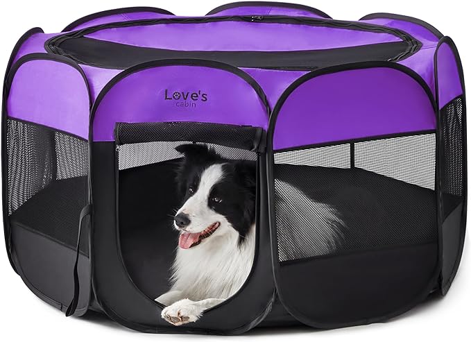 Love's cabin Pet Puppy Dog Playpen, Large Dog Tent Crates Cage Indoor/Outdoor, Portable Playpen for Dog and Cat, Foldable Pop Up Dog Kennel Playpen with Carring Case, Removable Zipper Top, Purple