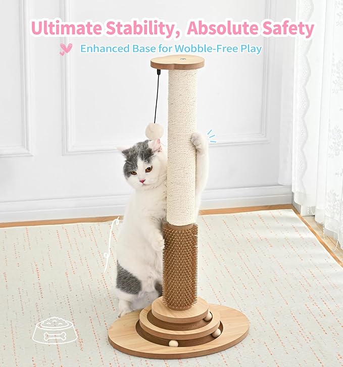 Made4Pets Cat Scratching Post Premium Sisal Cat Scratcher Kitten Toys for Indoor Kittens 28.3" Tall Cat Tower Scratch Post Cat Tree Wooden Interactive Ball Track Cat Toy with Hanging Ball, Beige