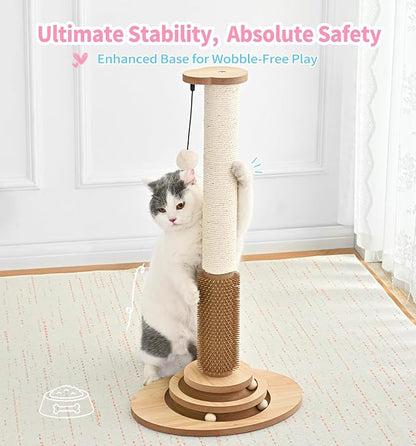 Made4Pets Cat Scratching Post Premium Sisal Cat Scratcher Kitten Toys for Indoor Kittens 28.3" Tall Cat Tower Scratch Post Cat Tree Wooden Interactive Ball Track Cat Toy with Hanging Ball, Beige