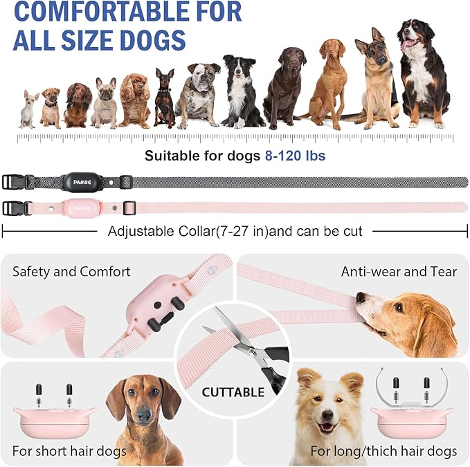 Dog Shock Collar for 2 Dogs, PAHOG 1000FT Electric Dog Training Collars for 8-120lbs Small Medium Large Dogs, Rechargeable IPX7 Waterproof E Collar with Beep, Vibration, Safe Shock Modes - Pink