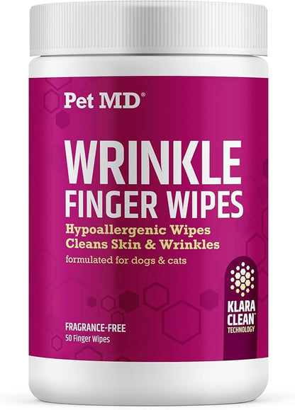 Pet MD Wrinkle Finger Wipes for Dogs & Cats - Dog Tear Stain Remover and Debris Cleaner for Skin Folds - Fragrance-Free & Hypoallergenic Grooming Wrinkle Wipes French Bulldog, Pug, and More - 50ct
