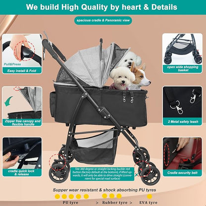 MILA&LOUIS Dog Stroller for Medium Dogs, Lightweigh Pet Stroller for Small Dogs, 4 Upgraded Wheels, Dog Strollers with Cup Holder, Hook, Puppy Stroller with Detachble Spacious Cradle for Multiple Pets