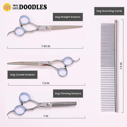 Dog Grooming Scissors Kit - Best Tools for Goldendoodles, Poodles & Doodles - Straight, Curved & Thinning Shears - Golden Doodle Grooming Kit - Professional Grade Steel, 4 Pc Set (Long Silver)
