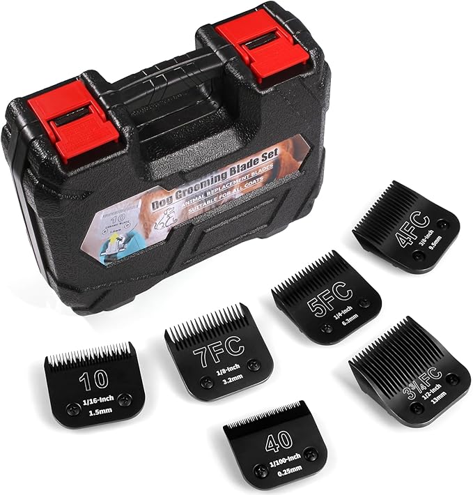 6 Packs Detachable Dog Grooming Steel Blades with Blade case Holder,Compatible with Andis,Oster A5,Wahl KM-10 Series,Cutting Length 1/100" to 1/2"(10+40+7FC+5FC+4FC+3-3/4FC-black)