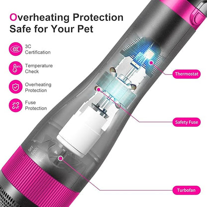 Dog Hair Dryer, 2-in-1 Dog Hair Blower with Brush, 3-Modes Blow Professional Home Grooming Drying for Small Large Cat Pet Puppy Rose