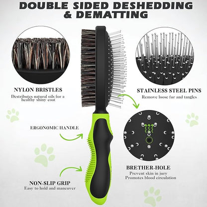 2PCS Dog Grooming Tools - Double-Sided Bath Brush for Shedding and Bathing, Suitable for Short/Long Haired Dogs, Premium Pet Supplies (Black Green)