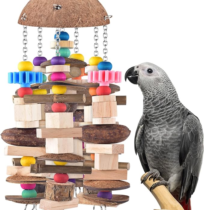 KATUMO Bird Toys, Large Parrot African Grey Wooden Chew Toys for Macaw Medium to Large Birds