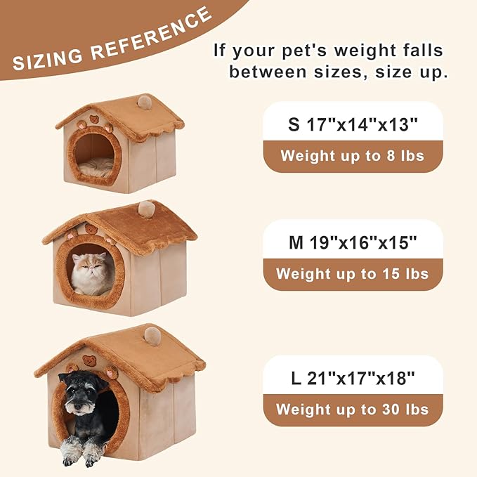 JIUPETY Cute Cat Beds for Indoor Cats, Foldable Cat House with Non-Slip Bottom, S Size Kitten Bed Up to 8 Lbs Kitty, Brown