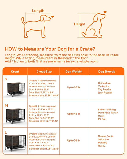 Dog Crate Furniture with Cushion, Dog Kennel Indoor with Wheels, Dog Crate End Table with Tray, 27.2" Dog Cage with Double Doors for Small Dog (Rustic Brown)