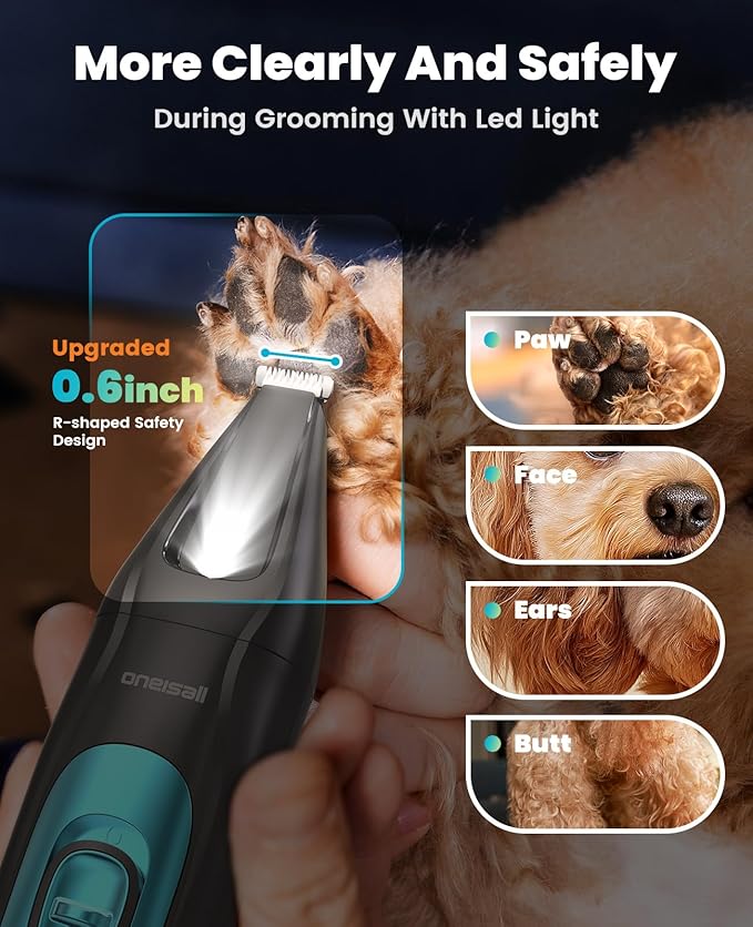 oneisall Quiet Dog Clippers for Grooming, LED Light Dog Paw Trimmer Dog Nail Grinder, Rechargeable 2000mAh Dog Grooming Clippers Cordless Dog Hair Trimmer Electric Dog Trimmer for Paw, Nail, Body