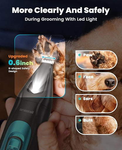 oneisall Quiet Dog Clippers for Grooming, LED Light Dog Paw Trimmer Dog Nail Grinder, Rechargeable 2000mAh Dog Grooming Clippers Cordless Dog Hair Trimmer Electric Dog Trimmer for Paw, Nail, Body