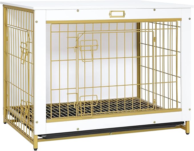 HOOBRO Dog Crate Furniture, 32.5" Medium Dog Kennel Indoor, Wooden Cage with Pull-Out Tray, Double Doors Pet House Side End Table for Medium/Small Dogs, White DW802GW03