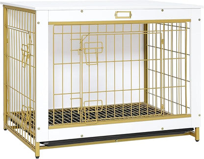 HOOBRO Dog Crate Furniture, 32.5" Medium Dog Kennel Indoor, Wooden Cage with Pull-Out Tray, Double Doors Pet House Side End Table for Medium/Small Dogs, White DW802GW03