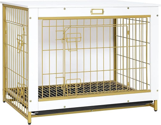 HOOBRO Dog Crate Furniture, 32.5" Medium Dog Kennel Indoor, Wooden Cage with Pull-Out Tray, Double Doors Pet House Side End Table for Medium/Small Dogs, White DW802GW03