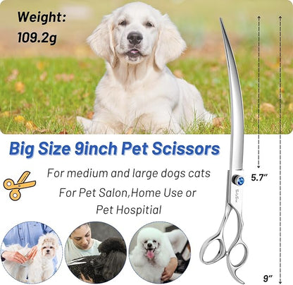 9inch Curved Dog Grooming Scissors Professional,VG10 Steel Dog Scissors for Grooming,30 Degree Bend,Sharp Blade with CNC Screw and Round Blunt Tip,Pet Grooming Shears for Dogs Cats at Home and Groomer