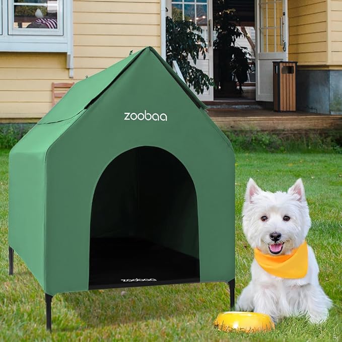 29" 2-in-1 Dog House for Medium Dogs, Elevted Dog House Outdoor/Indoor, Puppy Shelter Outside,Water Resistant 600D PVC and Durable 2x1 Textilene Raised Dog Bed(Green)