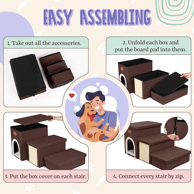 downluxe Dog Stairs for Small Dogs, Foldable Dog Steps for Bed, Sofa and Chair, Non-Slip Pet Steps with Cat Scratcher and Condo (3-Step Pet Stairs, Brown)