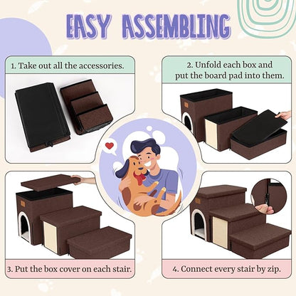 downluxe Dog Stairs for Small Dogs, Foldable Dog Steps for Bed, Sofa and Chair, Non-Slip Pet Steps with Cat Scratcher and Condo (3-Step Pet Stairs, Brown)