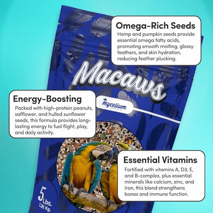 Mycelium Premium Macaw Food | High Protein & Fiber | Safe & Clean Pet Bird Food | Nut Seed Blend with Vitamins, Corn, Buckwheat, Sunflower, Peanuts & Whole Hemp Seed | Organic, Non-GMO 5 lb Bag