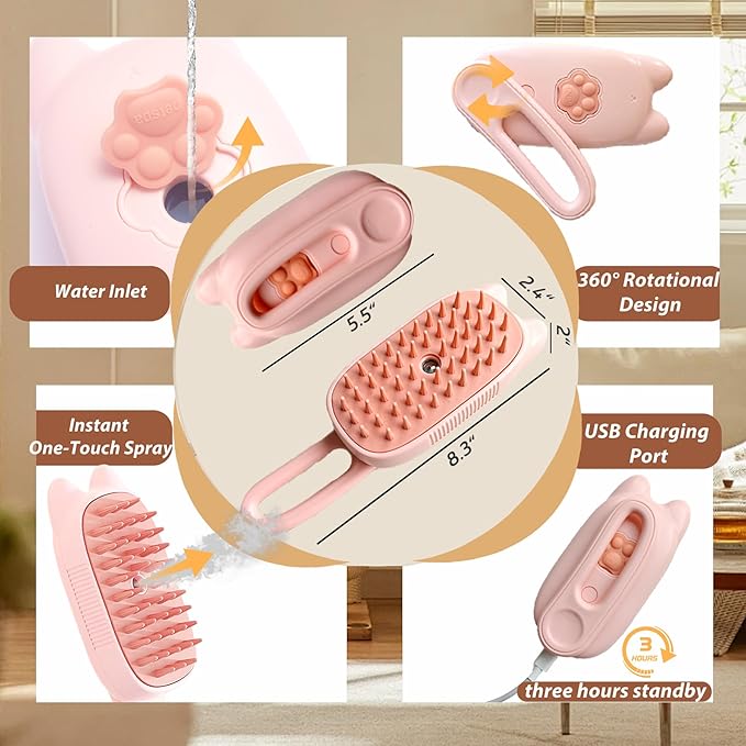 3 in 1 Cat Steam Brush Rechargeable Anti-Static Pet Spray Hair Removal Comb for Shedding and Grooming Multi-functional Pet Massage Brushes for Cats Dogs Small Animals