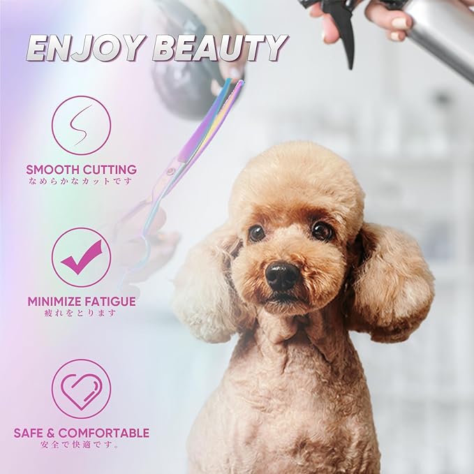 7" Curved Dog Grooming Scissors with Safe Round Tip, Rainbow Pet Fur Scissors, Japanese Stainless Steel 440C, Sharp and Sturdy Grooming Shears for Novice and Professional Groomers