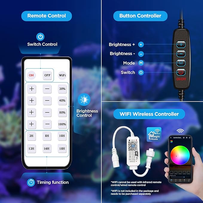 Lominie LED Aquarium Light Saltwater Aquarium Lamp 30W Full Spectrum with Remote Dimmable Nano Coral Reef Light for Fish Tank with Bracket