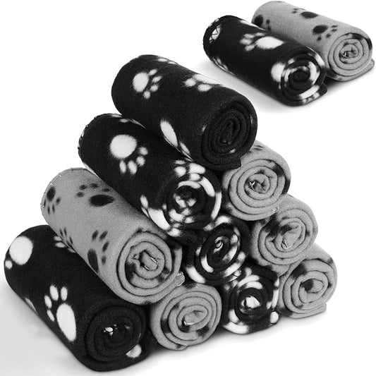 Tegeme 12 Pieces Fleece Blankets for Pets Dog Puppy Paw Print Cat Bedding Cover Blanket for Small Animals Pig Cage Liner Sleep Mat Pad Kitten Soft Warm(Classic Style,28 x 24 Inches)