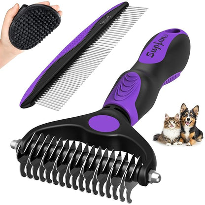 3PCS Premium Dog Grooming Kit - I Deshedding Brush & Metal Comb for Dogs & Cats (Purple Black)