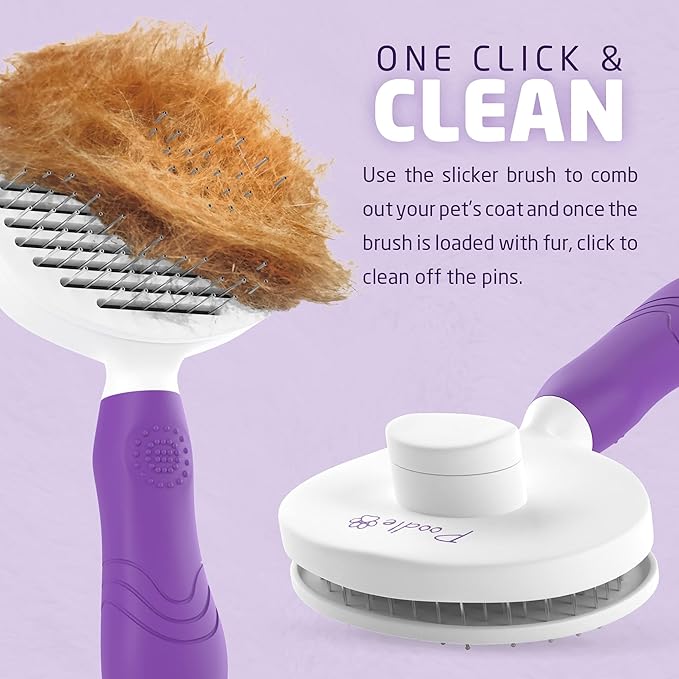 Poodlie Self Cleaning Pet Brush - Dog Brush for Shedding - Slicker Brushes for Dogs - Cat Brushes - Dog Comb for Long Haired & Short Haired Dogs - Puppy Cat Grooming Undercoat Deshedding