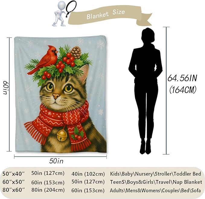 Christmas Tabby Cat Blanket, Soft Lightweight Flannel Cute Holiday Kitten Throw Blanket for Couch, Bed, Travel & Home Decor Gifts, Cozy Warm Festive Blankets for Women Girls Cat Lovers 80×60 in