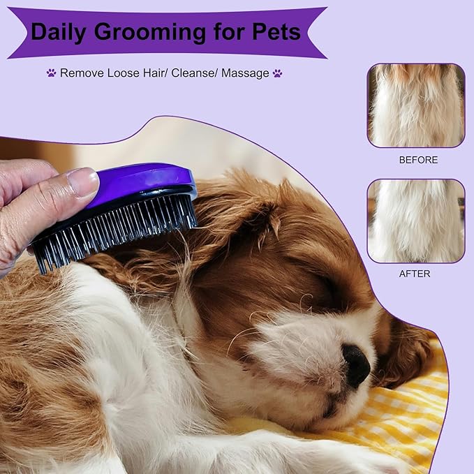 3 PCS Puppy Brush Grooming Kit, Stainless Steel Flea Comb, Fit for Yorkie, Shih Tzu, Maltipoo, Soft Bristle (Dark Purple)