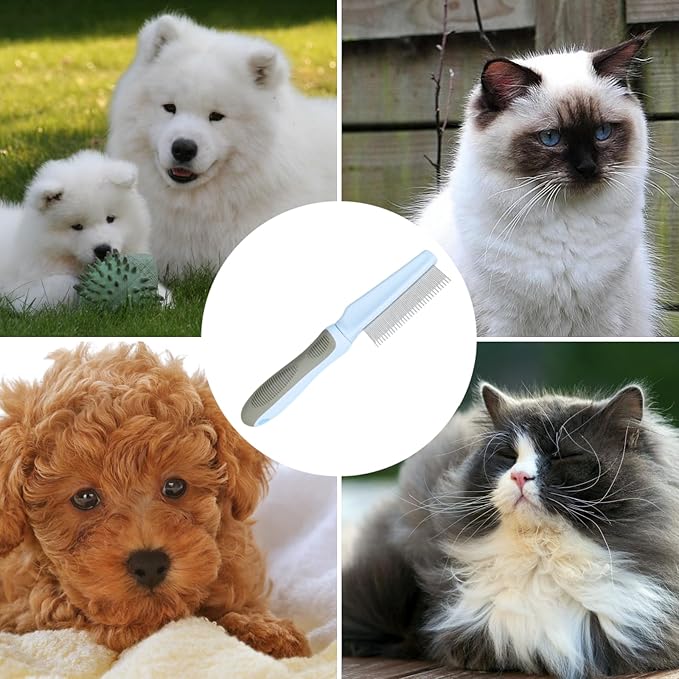 1 PCS Pet Comb Sturdy Pet Grooming Comb Pet Hair Comb with Long & Short Stainless Steel Teeth Comb for Dogs Cats, Light Cyan