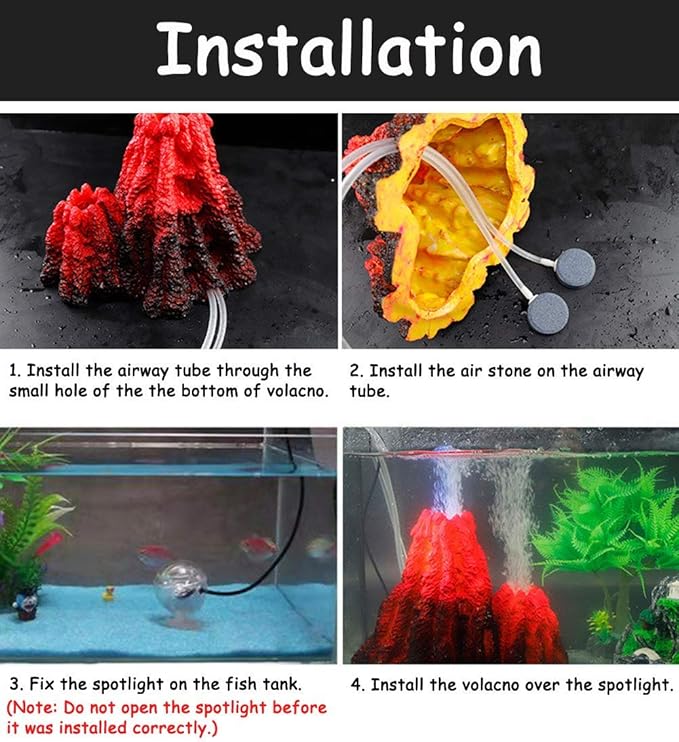 Tank Decoration Volcano Ornament Lava Explosion Look Aquarium Decorations with Multi-Color LED Spotlight for Fish Tank (M)