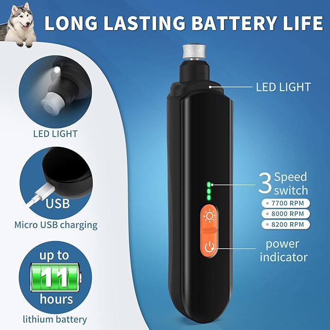 Dog Nail Grinder 2023 Upgraded, 3 Speed Electric Dog Nail Trimmer Rechargeable with LED Light, Pet Nail Grinder File for Small Medium Large Dogs & Cats Toenail & Claw Grooming (Black)
