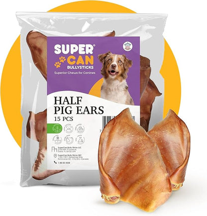 Supercan Bully Sticks Pig Ear Chews for Dogs – Half Pig Ears (15 Count) - All Natural Dog Treats - Healthy Chews for Large Medium & Small Dogs - Promotes Dental Health - Long Lasting