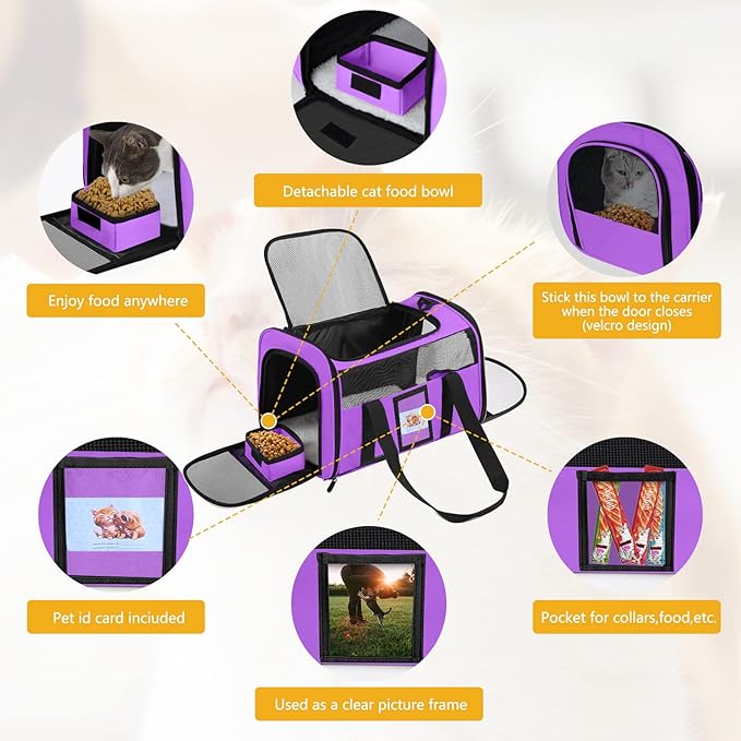 Cat Carrier Pet Carriers Airline Approved for Small Dogs Kitten Carrier for Small Medium Animals Under 15lb, Collapsible Soft Sided Travel Carrier, Purple