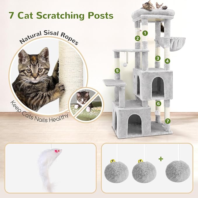 Globlazer Cat Tower for Indoor Cats, Heavy Duty Cat Trees for Large Cats Adult Big Cats Maine Coon Cat Tree Tower with Scratching Post, Extra Large Top Perch, Cat Condos, F61, Cloud Grey, 61inch