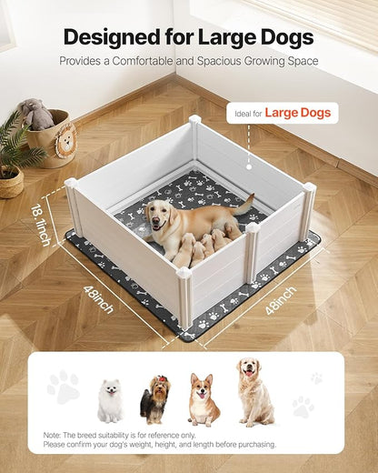 VEVOR Dogs Whelping Box, 48 x 48 x 18.1 inch, Plastic PVC Puppies Playpen with Height Adjustable Door and Washable Pee Pad, Anti-Deformation Indoor Puppy Play Pen for Large Breed Dogs, Milk White